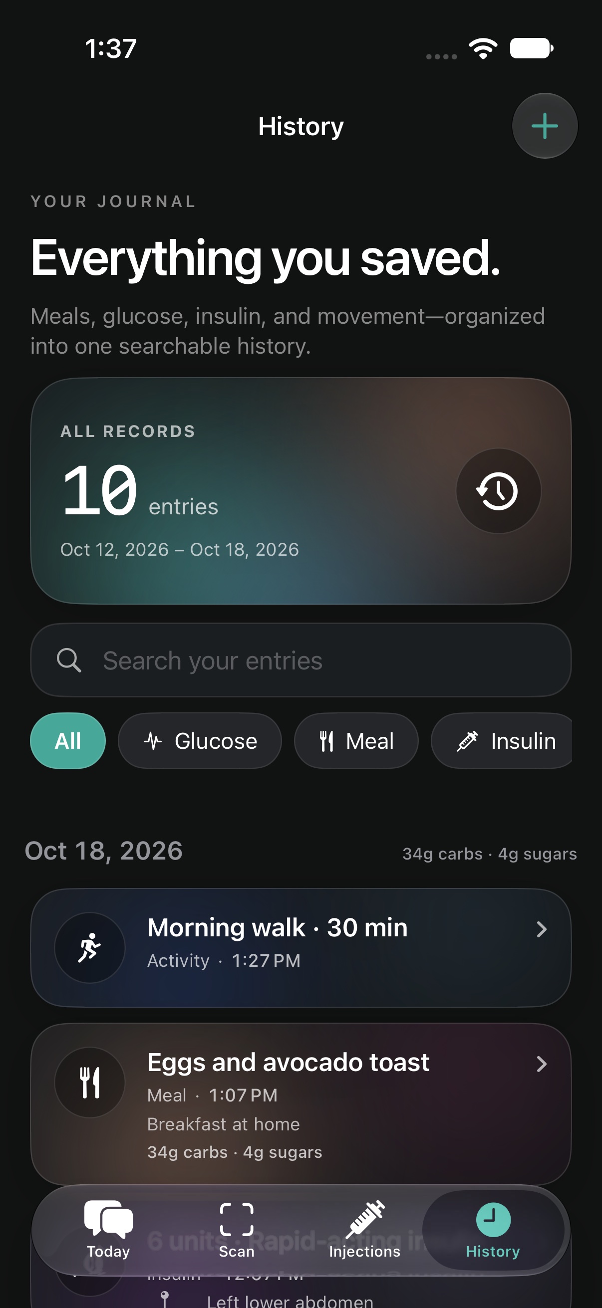 Glyo History screen with search, filters, and sample meal, movement, glucose, and insulin entries