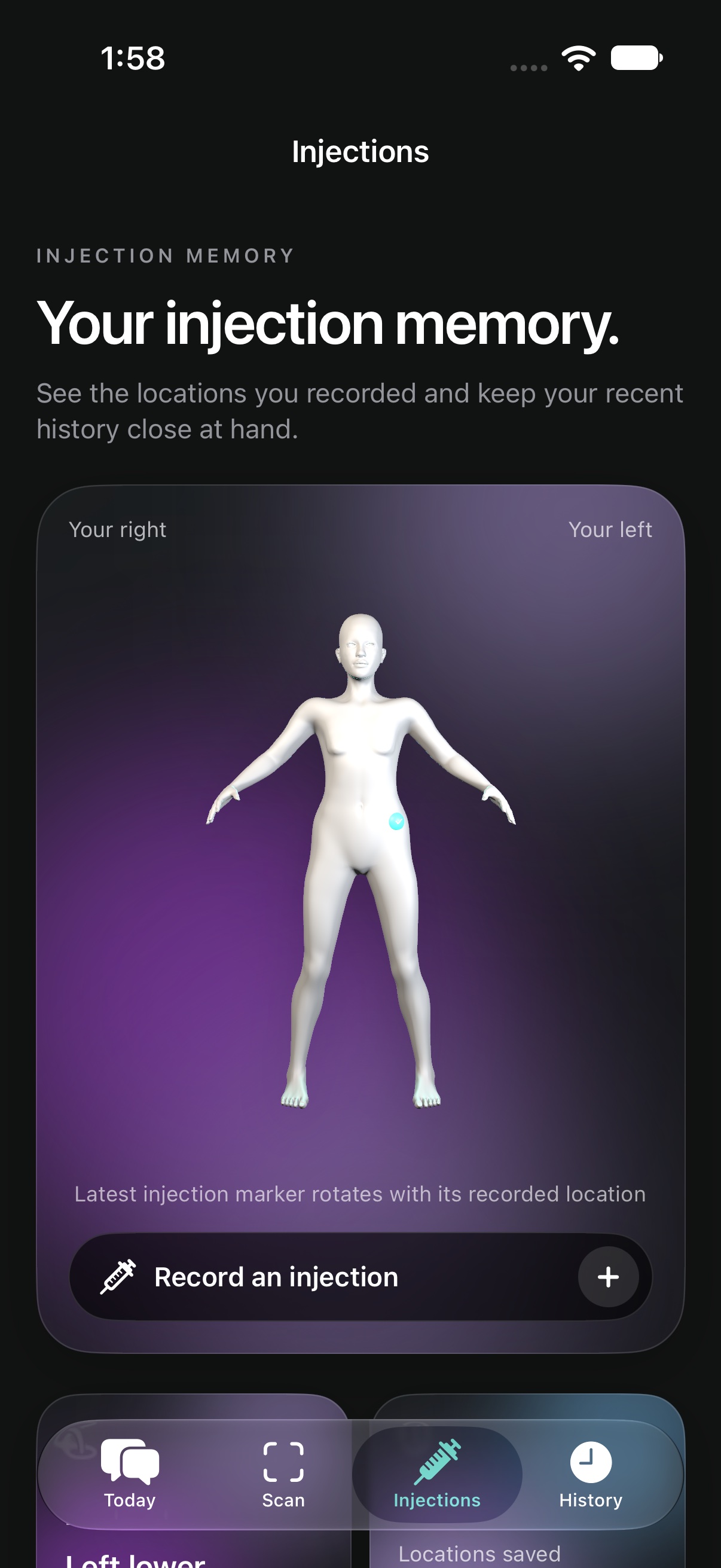 Glyo Injections screen with a front-facing body map and the saved lower-abdomen marker visible