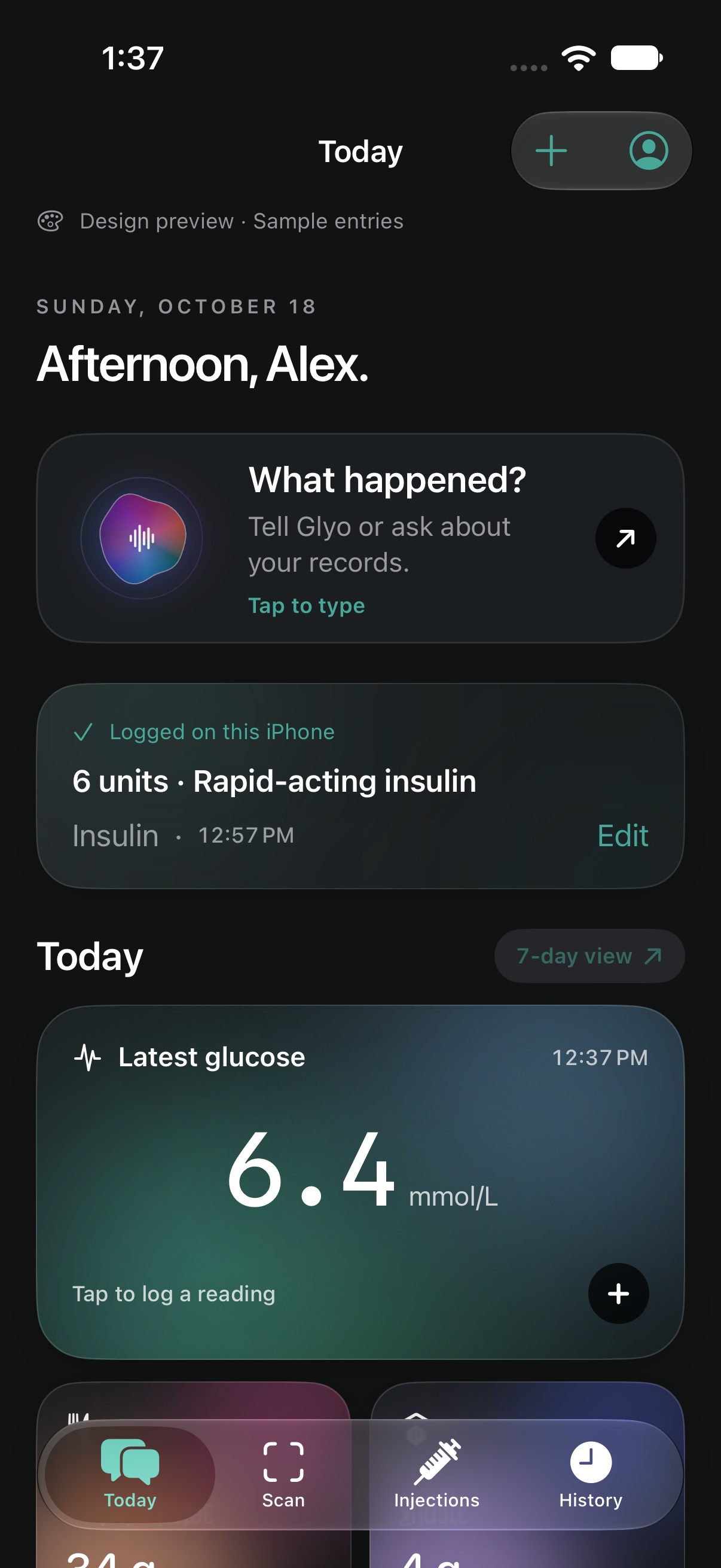 Glyo Today screen with the What happened voice prompt, a saved insulin entry, and latest glucose